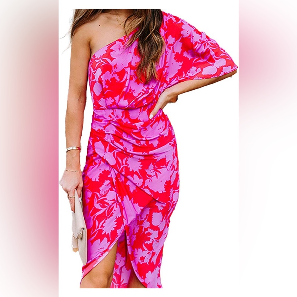 Pink and red one shoulder cocktail dress